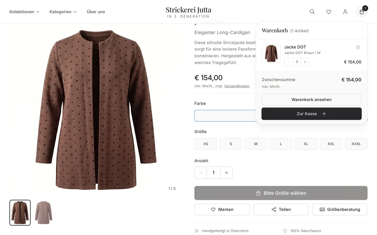 Der Warenkorb klappt auf: Jacke DOT, Zwischensumme 154 Euro, Zur Kasse
